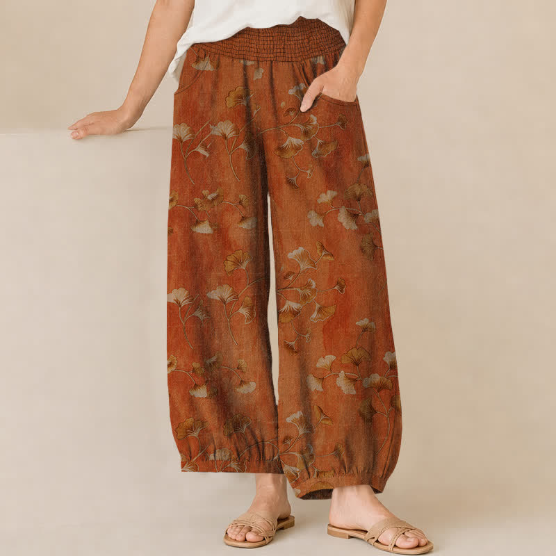 Buddha Stones Cotton Ginkgo Leaves Pattern Pleated Elastic Waist Women's Harem Pants With Pockets - Sienna - US16,UK/AU20,EU48 (3XL) - image 10