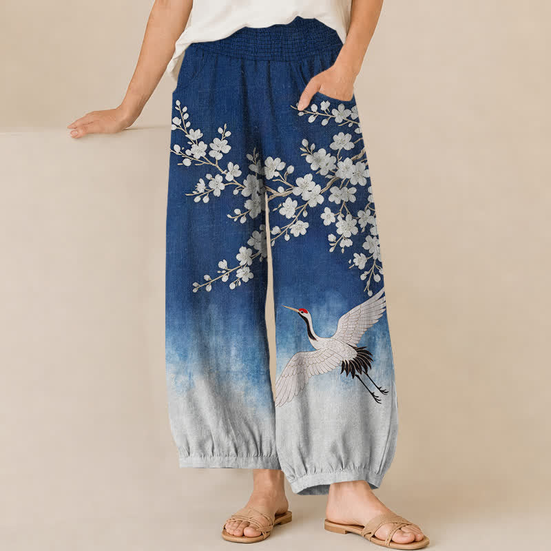 Buddha Stones Cotton Oriental Crane Plum Blossom Pattern Pleated Elastic Waist Women's Harem Pants With Pockets - Blue - US16,UK/AU20,EU48 (3XL) - image 0