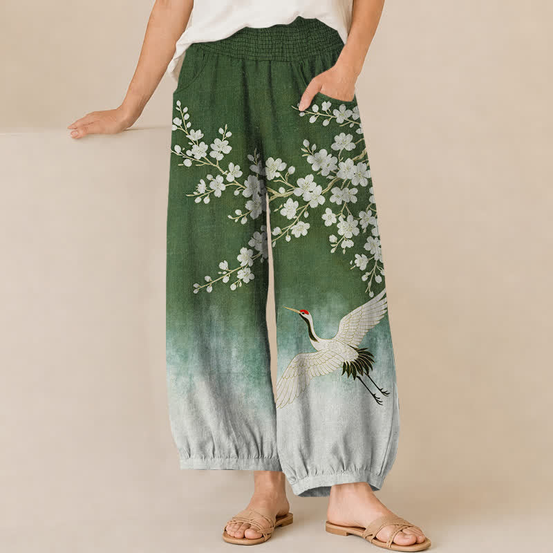 Buddha Stones Cotton Oriental Crane Plum Blossom Pattern Pleated Elastic Waist Women's Harem Pants With Pockets - ForestGreen - US16,UK/AU20,EU48 (3XL) - image 10