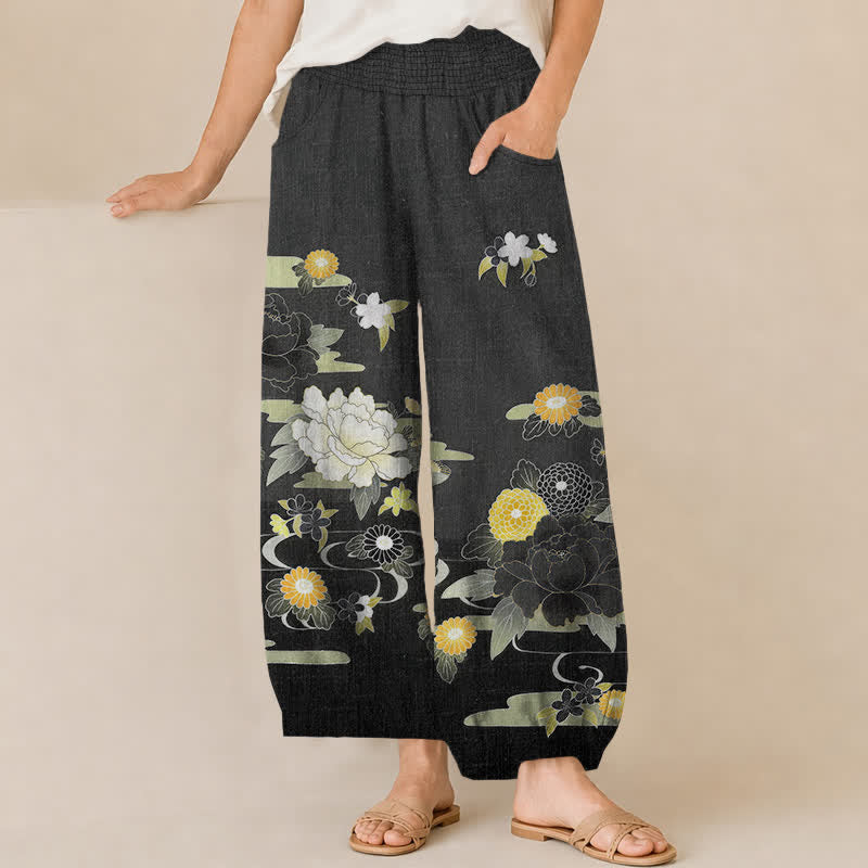 Buddha Stones Cotton Oriental Floral Peony Garden Pattern Pleated Elastic Waist Women's Harem Pants With Pockets - Black - US16,UK/AU20,EU48 (3XL) - image 0