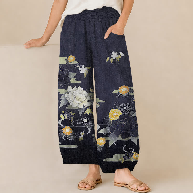 Buddha Stones Cotton Oriental Floral Peony Garden Pattern Pleated Elastic Waist Women's Harem Pants With Pockets - Navy - US16,UK/AU20,EU48 (3XL) - image 6