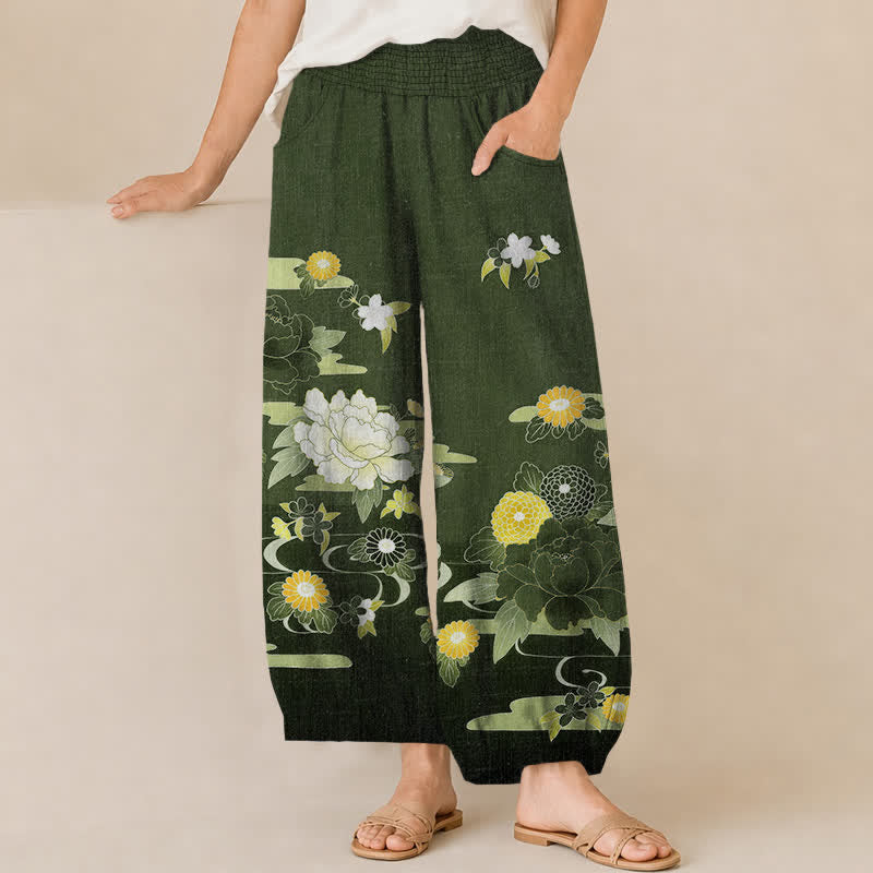 Buddha Stones Cotton Oriental Floral Peony Garden Pattern Pleated Elastic Waist Women's Harem Pants With Pockets - ForestGreen - US16,UK/AU20,EU48 (3XL) - image 10