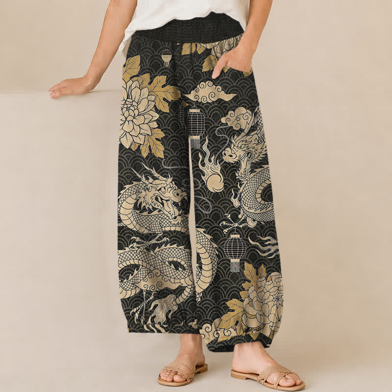 Buddha Stones Cotton Oriental Dragon Lotus Cloud Pattern Pleated Elastic Waist Women's Harem Pants With Pockets - Black - US16,UK/AU20,EU48 (3XL) - image 0