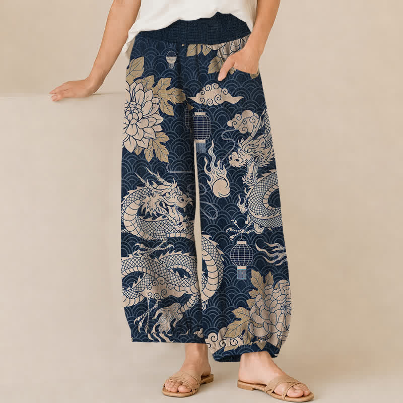 Buddha Stones Cotton Oriental Dragon Lotus Cloud Pattern Pleated Elastic Waist Women's Harem Pants With Pockets - Navy - US16,UK/AU20,EU48 (3XL) - image 6