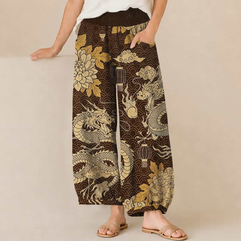 Buddha Stones Cotton Oriental Dragon Lotus Cloud Pattern Pleated Elastic Waist Women's Harem Pants With Pockets - SaddleBrown - US16,UK/AU20,EU48 (3XL) - image 10