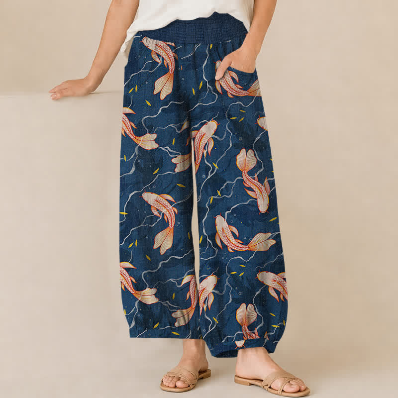 Buddha Stones Cotton Koi Fish Wave Pattern Pleated Elastic Waist Women's Harem Pants With Pockets - Navy - US16,UK/AU20,EU48 (3XL) - image 0
