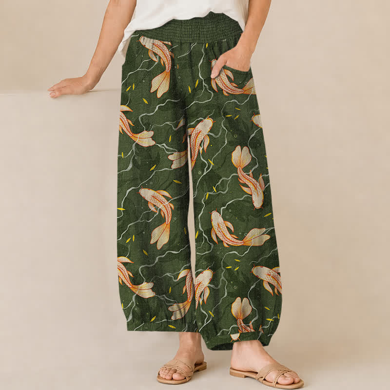 Buddha Stones Cotton Koi Fish Wave Pattern Pleated Elastic Waist Women's Harem Pants With Pockets - ForestGreen - US16,UK/AU20,EU48 (3XL) - image 6