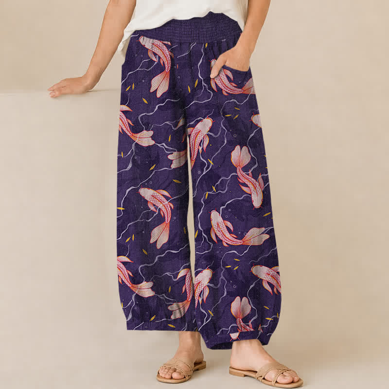 Buddha Stones Cotton Koi Fish Wave Pattern Pleated Elastic Waist Women's Harem Pants With Pockets - Indigo - US16,UK/AU20,EU48 (3XL) - image 10