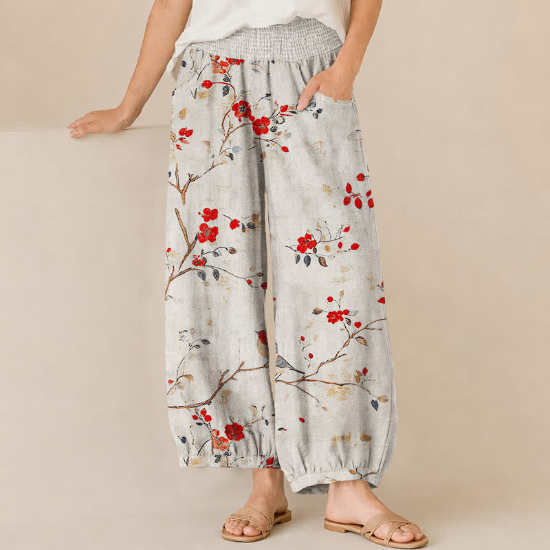 Buddha Stones Cotton Blossom Bird Branch Pattern Pleated Elastic Waist Women's Harem Pants With Pockets - Linen - US16,UK/AU20,EU48 (3XL) - image 0
