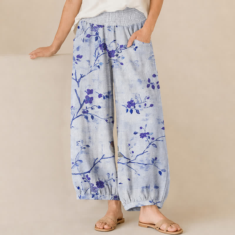 Buddha Stones Cotton Blossom Bird Branch Pattern Pleated Elastic Waist Women's Harem Pants With Pockets - LightBlue - US16,UK/AU20,EU48 (3XL) - image 6