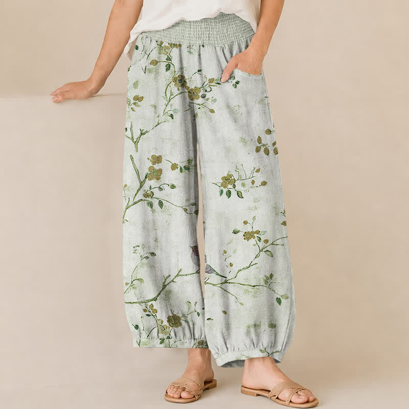 Buddha Stones Cotton Blossom Bird Branch Pattern Pleated Elastic Waist Women's Harem Pants With Pockets - MintCream - US16,UK/AU20,EU48 (3XL) - image 10