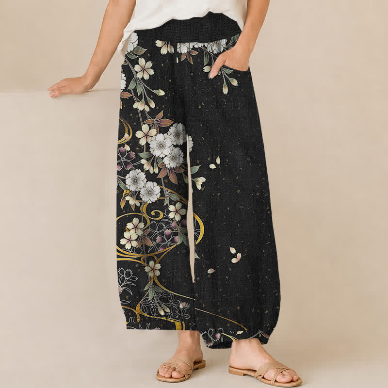 Buddha Stones Cotton Asymmetrical Floral Vine Pattern Pleated Elastic Waist Women's Harem Pants With Pockets - Black - US16,UK/AU20,EU48 (3XL) - image 0