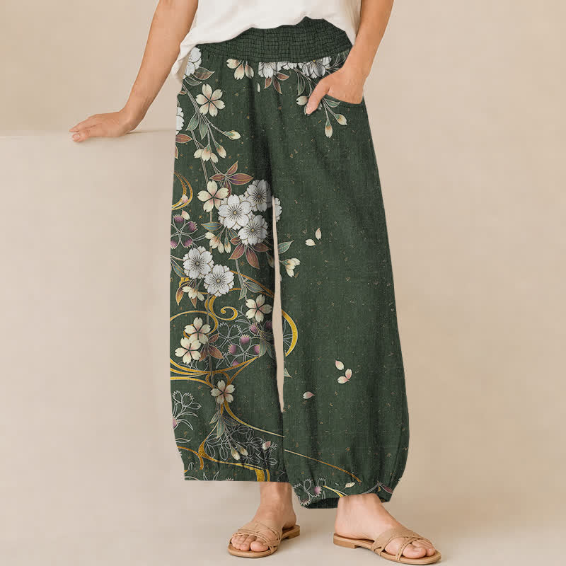 Buddha Stones Cotton Asymmetrical Floral Vine Pattern Pleated Elastic Waist Women's Harem Pants With Pockets - ForestGreen - US16,UK/AU20,EU48 (3XL) - image 10