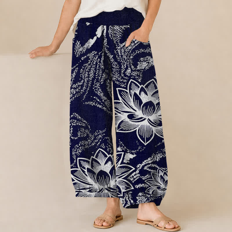 Buddha Stones Cotton White Lotus Floral Pattern Pleated Elastic Waist Women's Harem Pants With Pockets - Navy - US16,UK/AU20,EU48 (3XL) - image 0