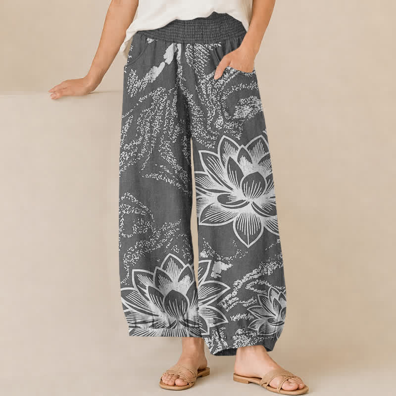 Buddha Stones Cotton White Lotus Floral Pattern Pleated Elastic Waist Women's Harem Pants With Pockets - Gray - US16,UK/AU20,EU48 (3XL) - image 6