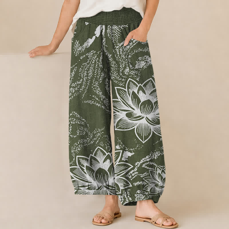 Buddha Stones Cotton White Lotus Floral Pattern Pleated Elastic Waist Women's Harem Pants With Pockets - DarkOliveGreen - US16,UK/AU20,EU48 (3XL) - image 10