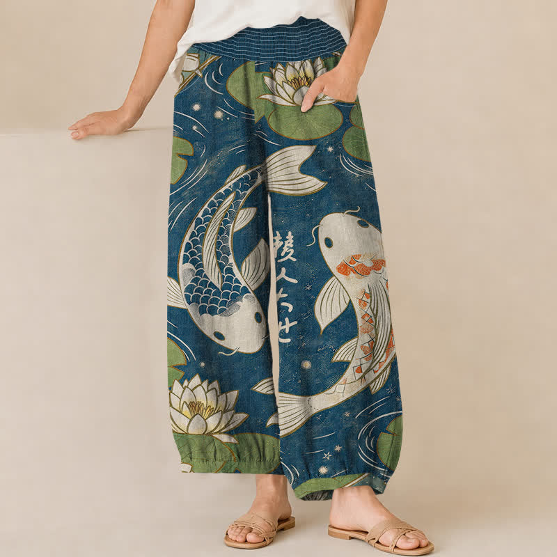 Buddha Stones Cotton Oriental Koi Fish Lotus Pattern Pleated Elastic Waist Women's Harem Pants With Pockets - SteelBlue - US16,UK/AU20,EU48 (3XL) - image 0