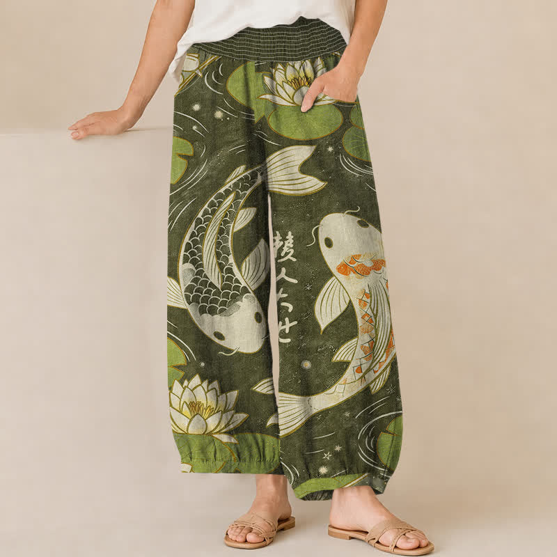 Buddha Stones Cotton Oriental Koi Fish Lotus Pattern Pleated Elastic Waist Women's Harem Pants With Pockets - DarkOliveGreen - US16,UK/AU20,EU48 (3XL) - image 6