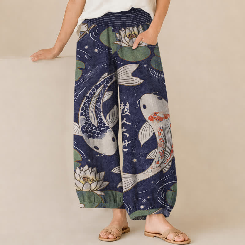 Buddha Stones Cotton Oriental Koi Fish Lotus Pattern Pleated Elastic Waist Women's Harem Pants With Pockets - Indigo - US16,UK/AU20,EU48 (3XL) - image 10