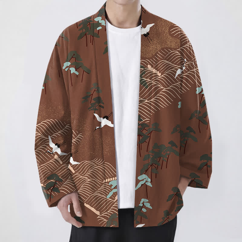 Buddha Stones Cotton White Crane Trees Flowing Waves Pattern Open Front Men's Kimono - Sienna - US/UK/AU48,EU58 (4XL) - image 0