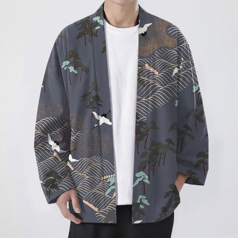 Buddha Stones Cotton White Crane Trees Flowing Waves Pattern Open Front Men's Kimono - LightSlateGray - US/UK/AU48,EU58 (4XL) - image 6