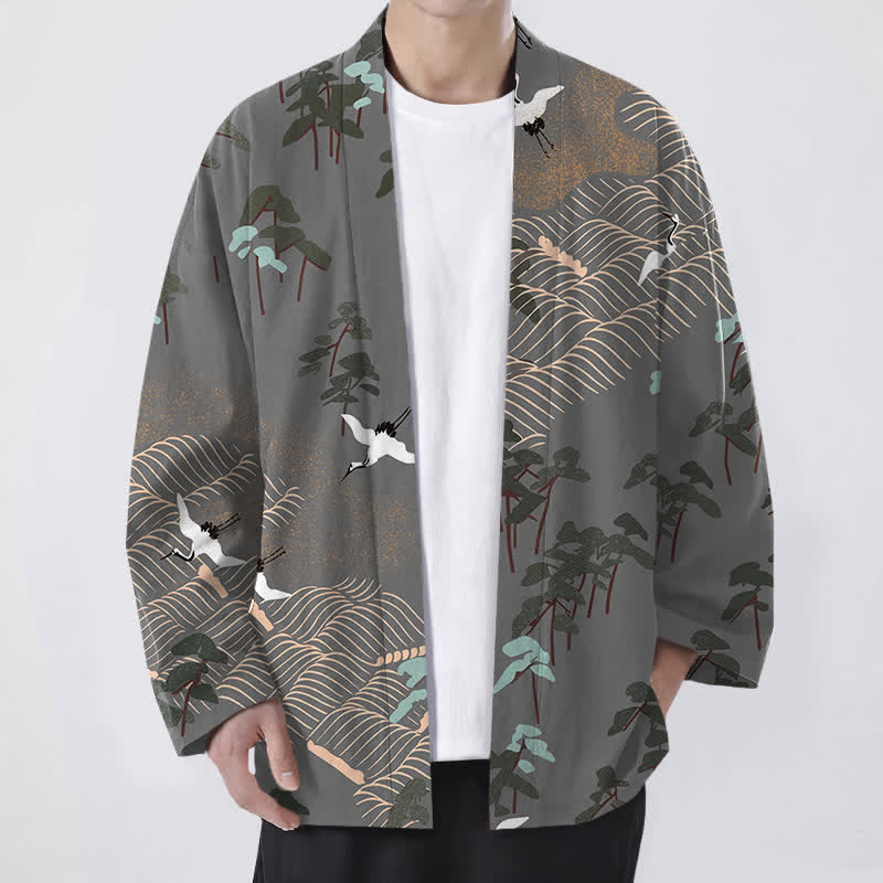 Buddha Stones Cotton White Crane Trees Flowing Waves Pattern Open Front Men's Kimono - DarkGray - US/UK/AU48,EU58 (4XL) - image 9
