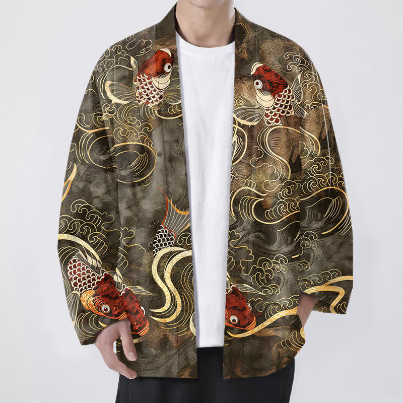 Buddha Stones Cotton Red Koi Fish Golden Waves Pattern Open Front Men's Kimono - Olive - US/UK/AU48,EU58 (4XL) - image 0