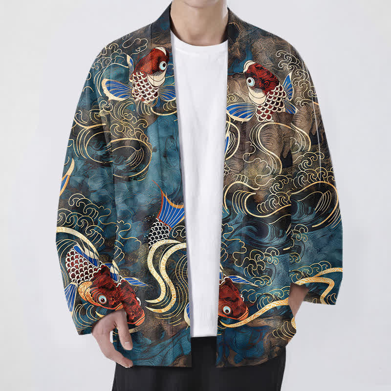Buddha Stones Cotton Red Koi Fish Golden Waves Pattern Open Front Men's Kimono - CornflowerBlue - US/UK/AU48,EU58 (4XL) - image 6