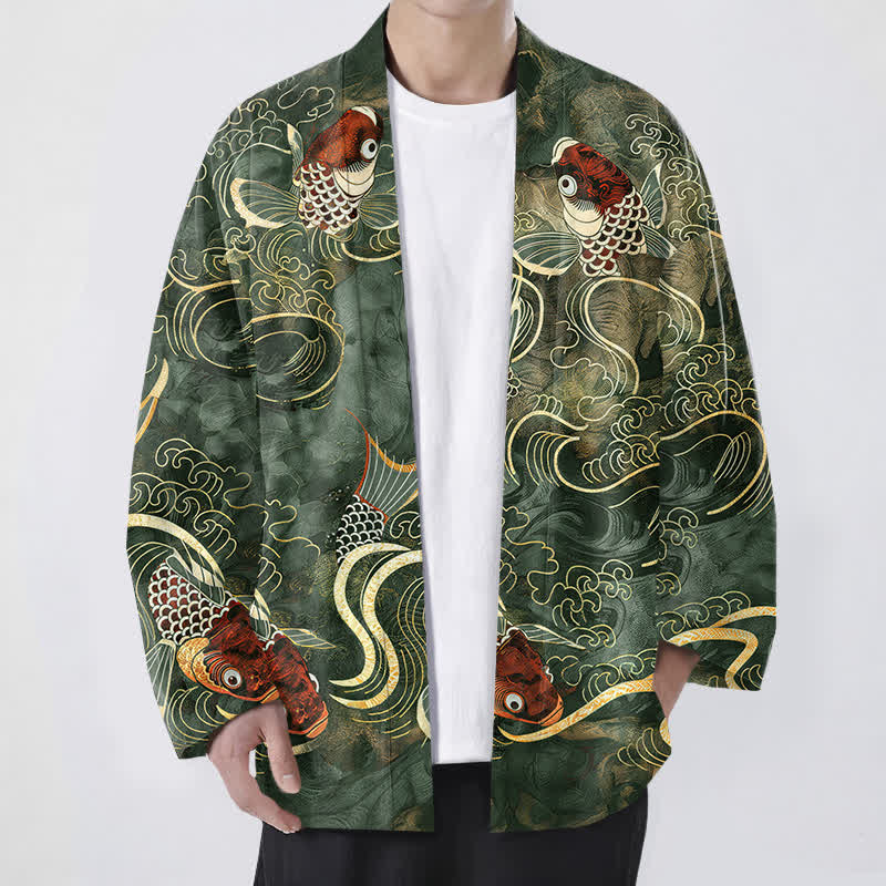Buddha Stones Cotton Red Koi Fish Golden Waves Pattern Open Front Men's Kimono - DarkOliveGreen - US/UK/AU48,EU58 (4XL) - image 9