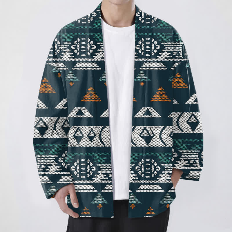 Buddha Stones Cotton Teal Aztec Geometric Pattern Open Front Men's Kimono - Teal - US/UK/AU48,EU58 (4XL) - image 0