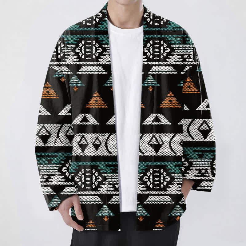 Buddha Stones Cotton Teal Aztec Geometric Pattern Open Front Men's Kimono - Black - US/UK/AU48,EU58 (4XL) - image 6
