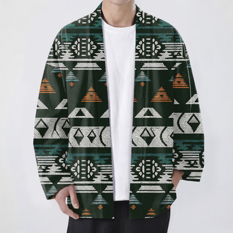Buddha Stones Cotton Teal Aztec Geometric Pattern Open Front Men's Kimono - DarkGreen - US/UK/AU48,EU58 (4XL) - image 9