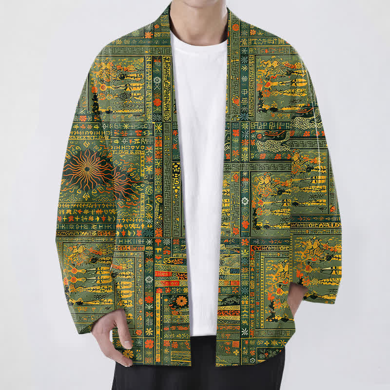 Buddha Stones Cotton Vintage Multicolored Patchwork Floral Pattern Open Front Men's Kimono - Olive - US/UK/AU48,EU58 (4XL) - image 0