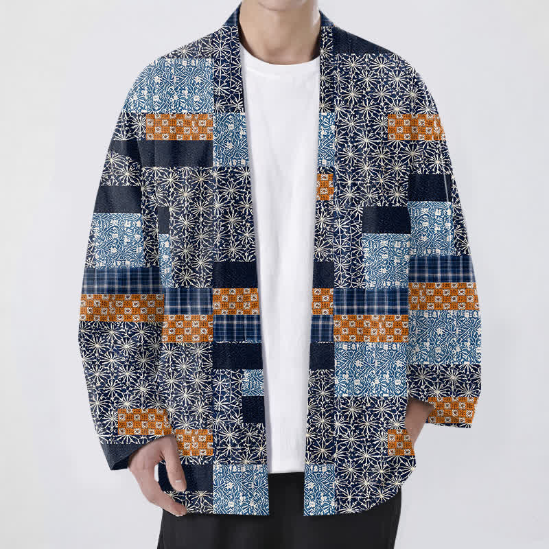 Buddha Stones Cotton Patchwork Geometric Block Pattern Open Front Men's Kimono - Navy - US/UK/AU48,EU58 (4XL) - image 0
