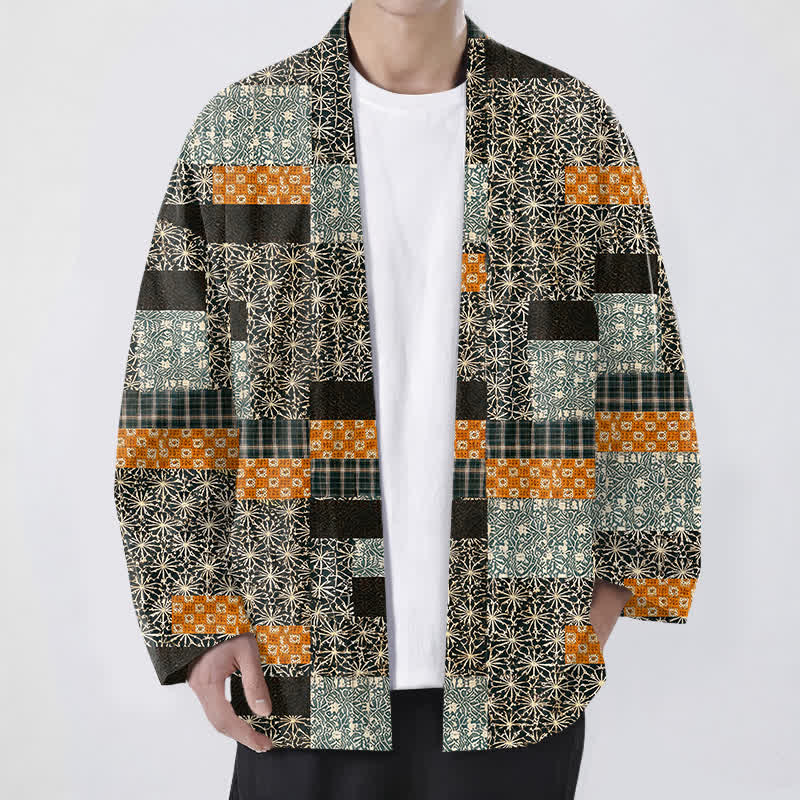 Buddha Stones Cotton Patchwork Geometric Block Pattern Open Front Men's Kimono - Black - US/UK/AU48,EU58 (4XL) - image 6