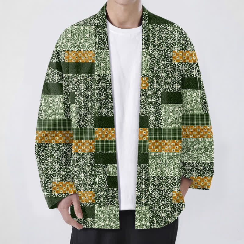 Buddha Stones Cotton Patchwork Geometric Block Pattern Open Front Men's Kimono - ForestGreen - US/UK/AU48,EU58 (4XL) - image 9