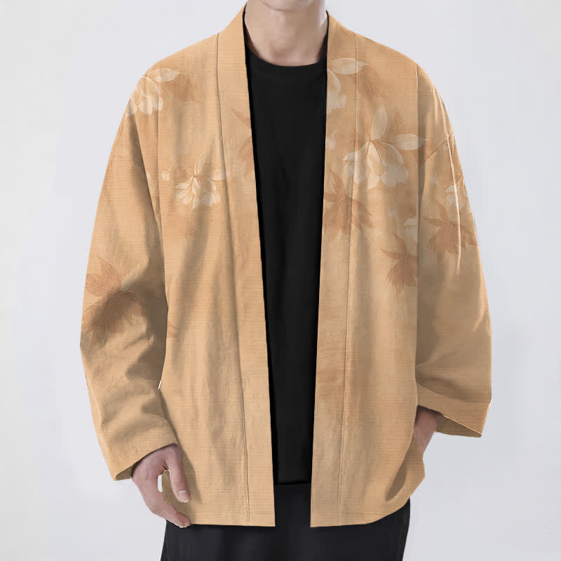 Buddha Stones Cotton Subtle Floral Leaf Pattern Open Front Men's Kimono - Tan - US/UK/AU48,EU58 (4XL) - image 0