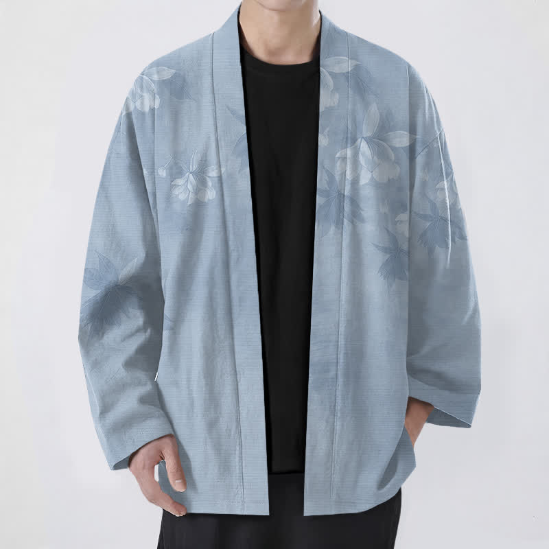 Buddha Stones Cotton Subtle Floral Leaf Pattern Open Front Men's Kimono - LightSteelBlue - US/UK/AU48,EU58 (4XL) - image 6