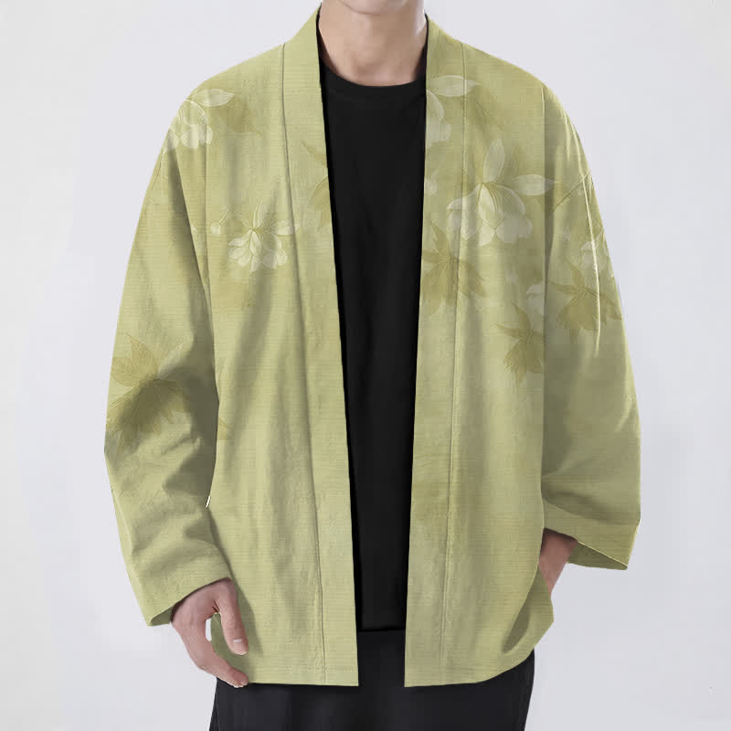 Buddha Stones Cotton Subtle Floral Leaf Pattern Open Front Men's Kimono - YellowGreen - US/UK/AU48,EU58 (4XL) - image 9