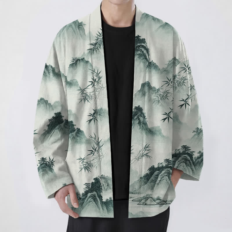 Buddha Stones Cotton Ink Bamboo Mountains Landscape Pattern Open Front Men's Kimono - DarkSeaGreen - US/UK/AU48,EU58 (4XL) - image 0