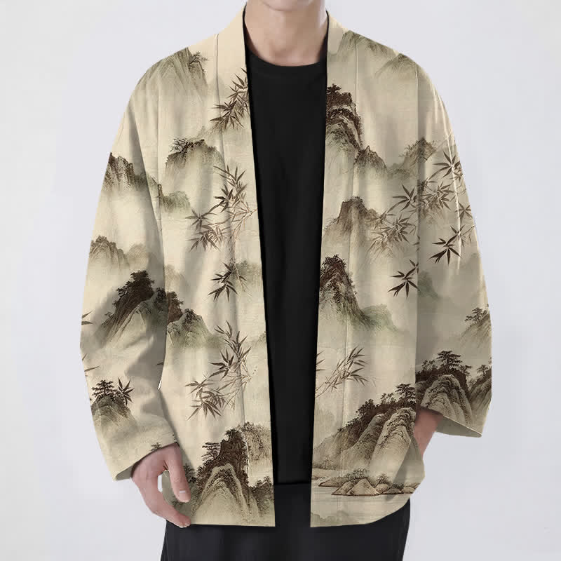Buddha Stones Cotton Ink Bamboo Mountains Landscape Pattern Open Front Men's Kimono - Tan - US/UK/AU48,EU58 (4XL) - image 6