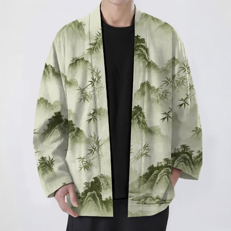 Buddha Stones Cotton Ink Bamboo Mountains Landscape Pattern Open Front Men's Kimono - Honeydew - US/UK/AU48,EU58 (4XL) - image 9