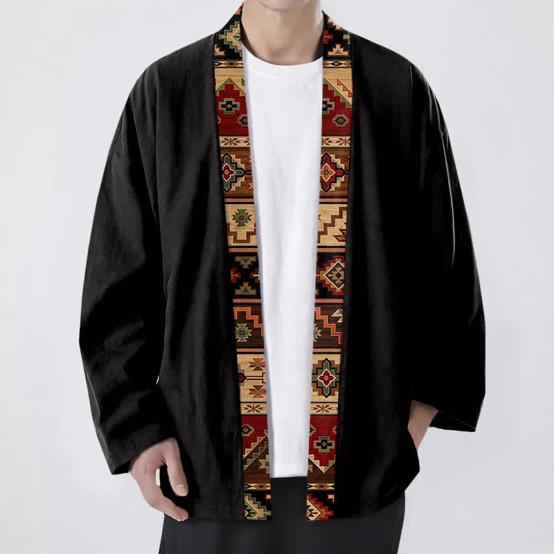 Buddha Stones Cotton Tribal Geometric Trim Pattern Open Front Men's Kimono - Black - US/UK/AU48,EU58 (4XL) - image 0