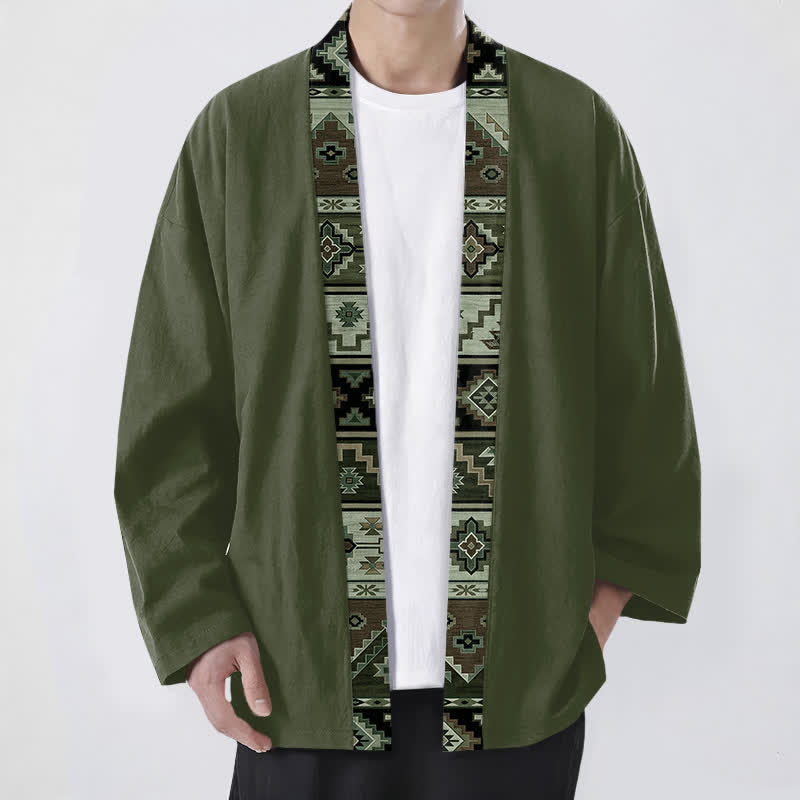 Buddha Stones Cotton Tribal Geometric Trim Pattern Open Front Men's Kimono - DarkOliveGreen - US/UK/AU48,EU58 (4XL) - image 6