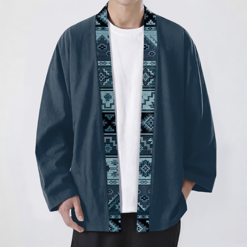 Buddha Stones Cotton Tribal Geometric Trim Pattern Open Front Men's Kimono - SteelBlue - US/UK/AU48,EU58 (4XL) - image 9