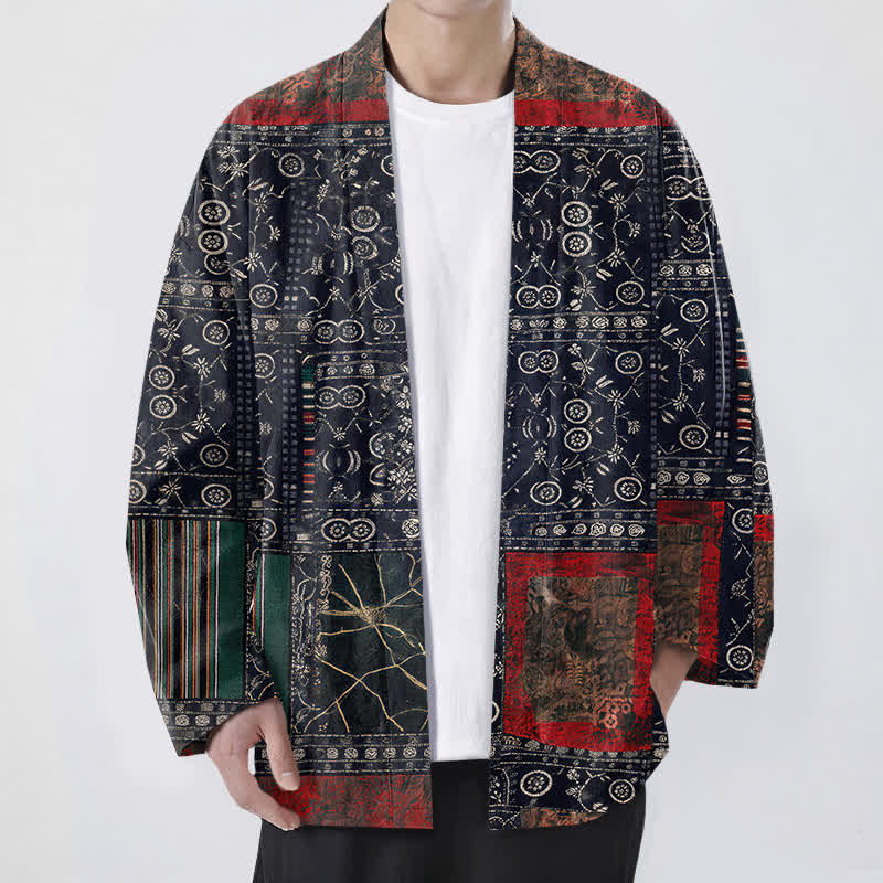Buddha Stones Cotton Tribal Geometric Patchwork Pattern Open Front Men's Kimono - Navy - US/UK/AU48,EU58 (4XL) - image 0