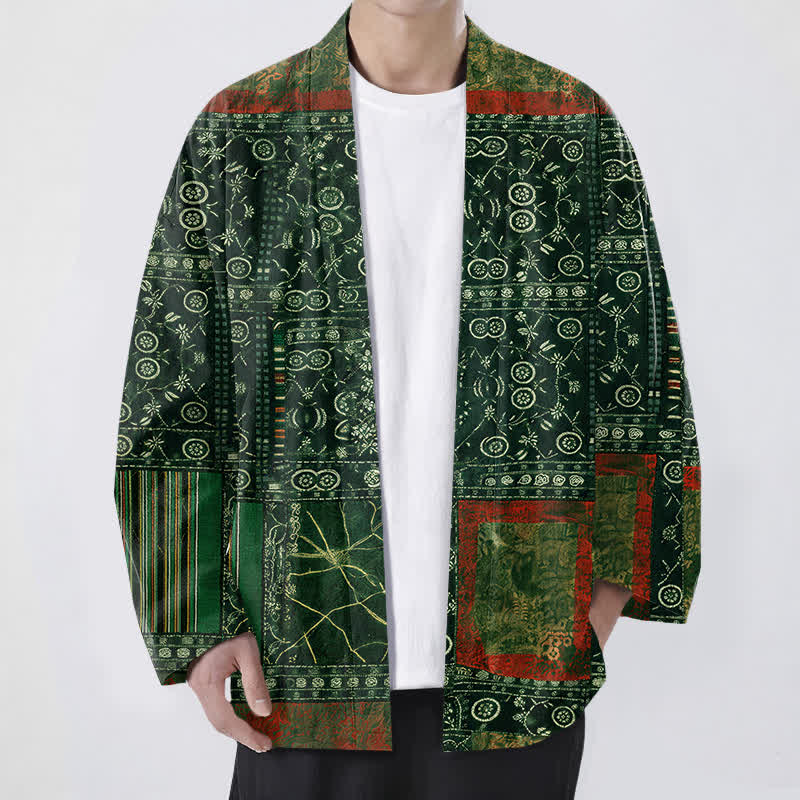 Buddha Stones Cotton Tribal Geometric Patchwork Pattern Open Front Men's Kimono - ForestGreen - US/UK/AU48,EU58 (4XL) - image 6