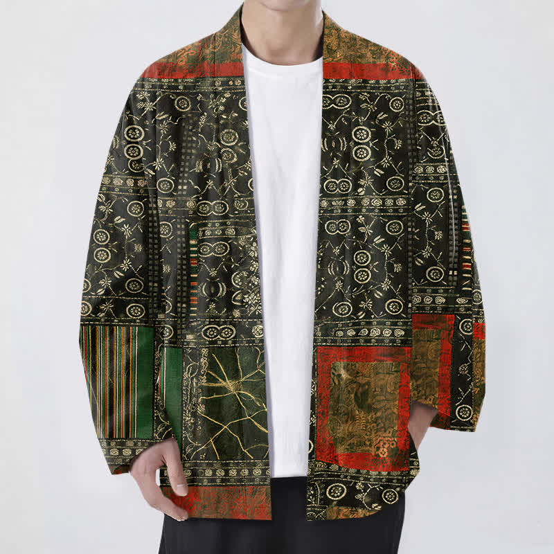 Buddha Stones Cotton Tribal Geometric Patchwork Pattern Open Front Men's Kimono - DarkOliveGreen - US/UK/AU48,EU58 (4XL) - image 9