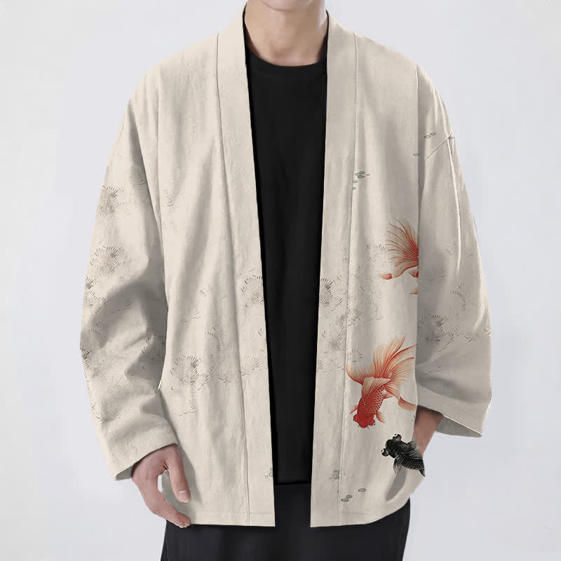 Buddha Stones Cotton Koi Fish Flowing Waves Pattern Open Front Men's Kimono - Linen - US/UK/AU48,EU58 (4XL) - image 0