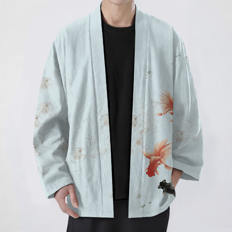 Buddha Stones Cotton Koi Fish Flowing Waves Pattern Open Front Men's Kimono - PowderBlue - US/UK/AU48,EU58 (4XL) - image 6
